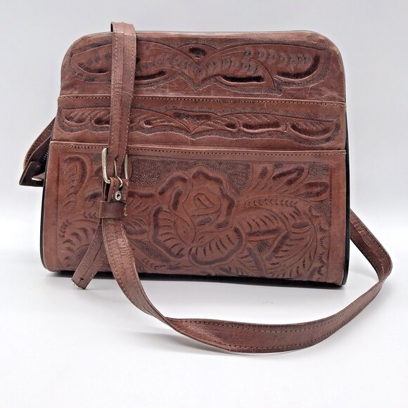 Vintage 60s Artisan Hand Tooled Carved Leather Rose & Indian Shoulder Bag Mexico - Picture 3 of 10